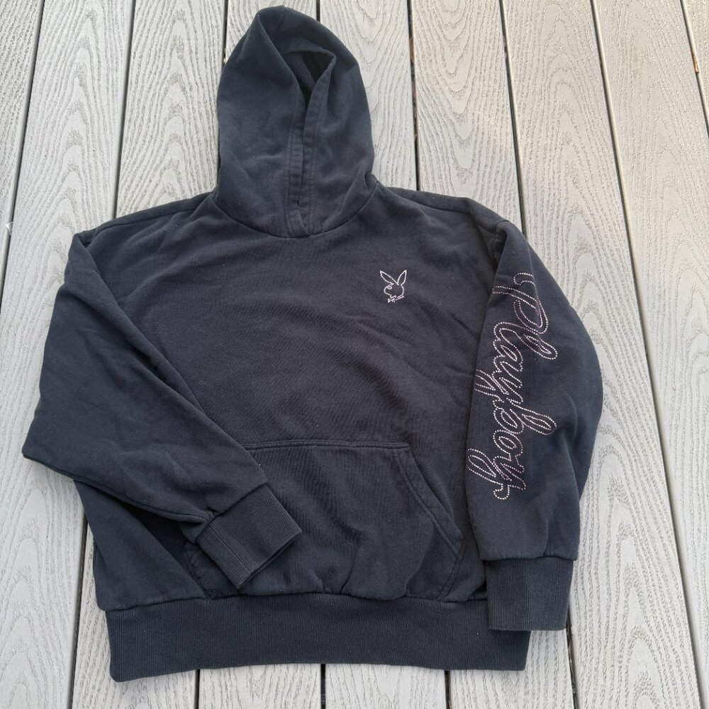 Playboy by PacSun Hoodie Womens Small Black Pullover Sweatshirt Pink Bunny Logo